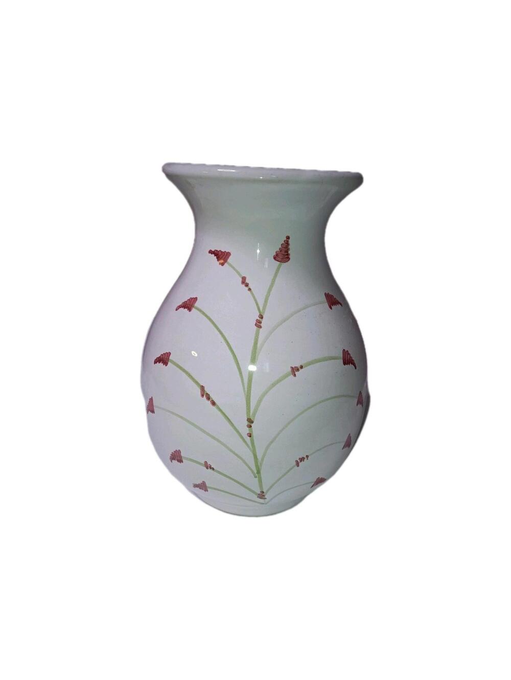 Original Signed Hand Painted Italian Pottery 6" Vase Flowers In Red Italy